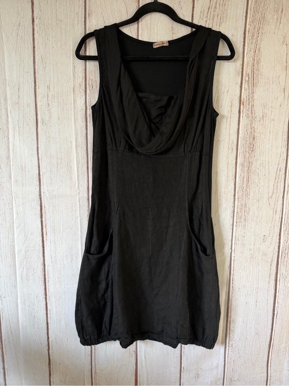 Angela Mara Italy Black Sleeveless Cowl Neck Linen Blend Dress